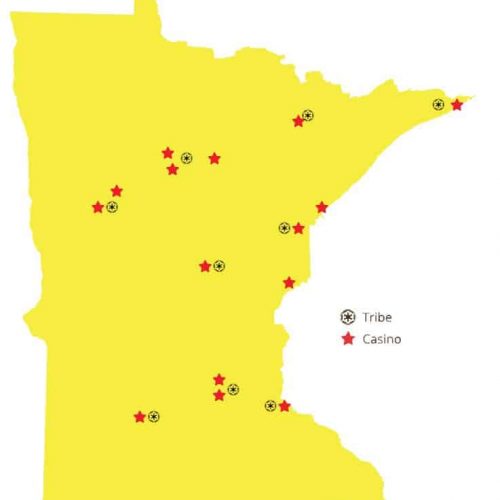 Map of Minnesota showing locations of 15 casinos and 9 tribes